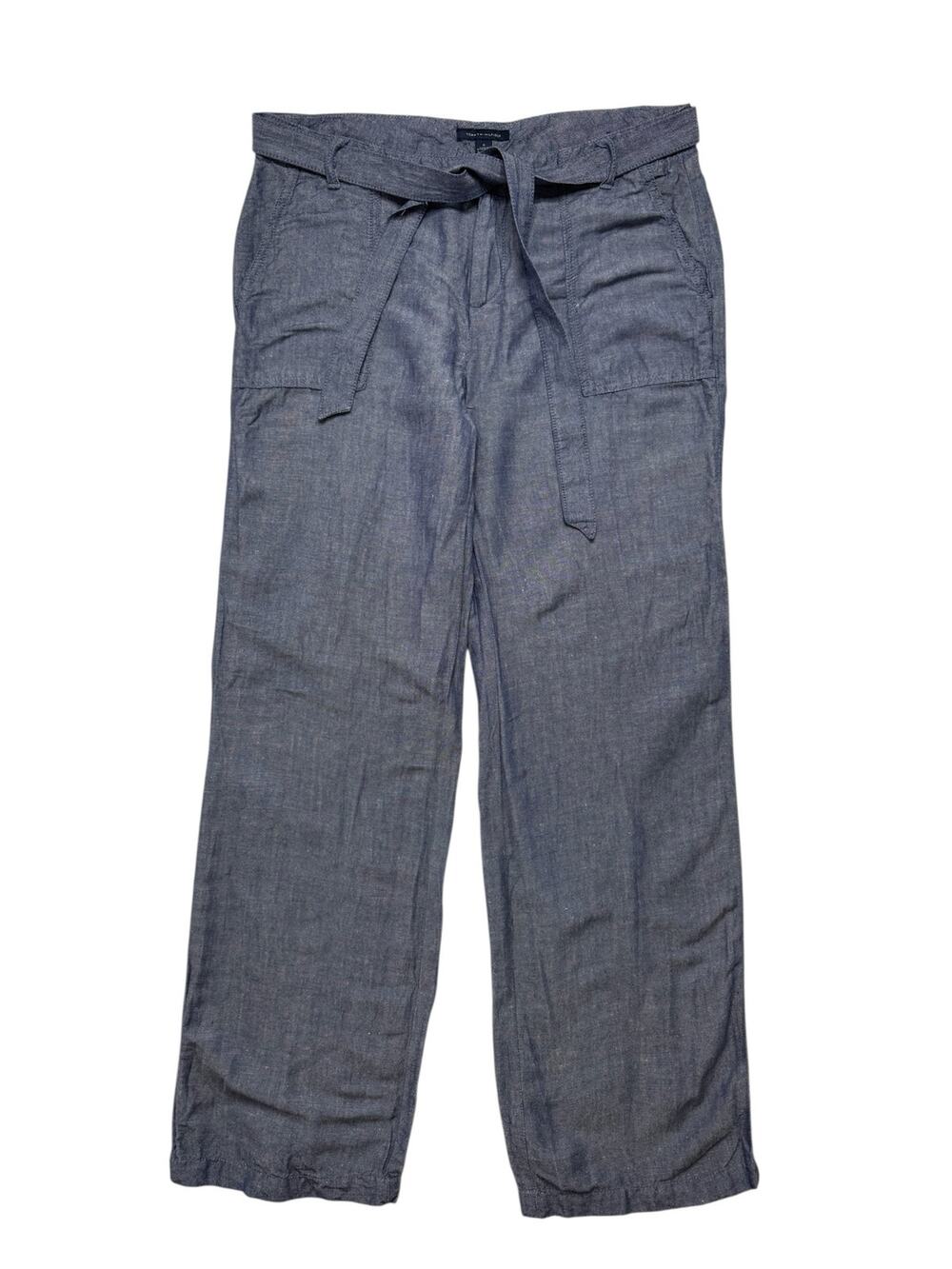 TOMMY HILFIGER Linen Blend Wide Leg Pants Blue Belt Sz 8 Womens Pockets Trousers